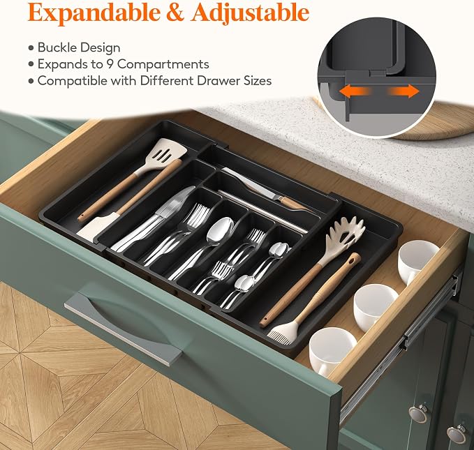 Lifewit Expandable Silverware Drawer Organizer, Kitchen Utensil Tray | BPA-free Plastic Flatware Cutlery Holder, Space-Saving Storage for Spoons Forks Knives, 13-22.4 x 15“, Black - Image 4