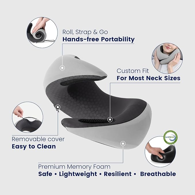 Dream Valley Neck Travel Pillow, Memory Foam,Cooling,Light Gray | For Airplane, Portable Roll-Up, Cooling Inner Fabric, 360° Ergonomic Support, No Head Bobbing - Image 5