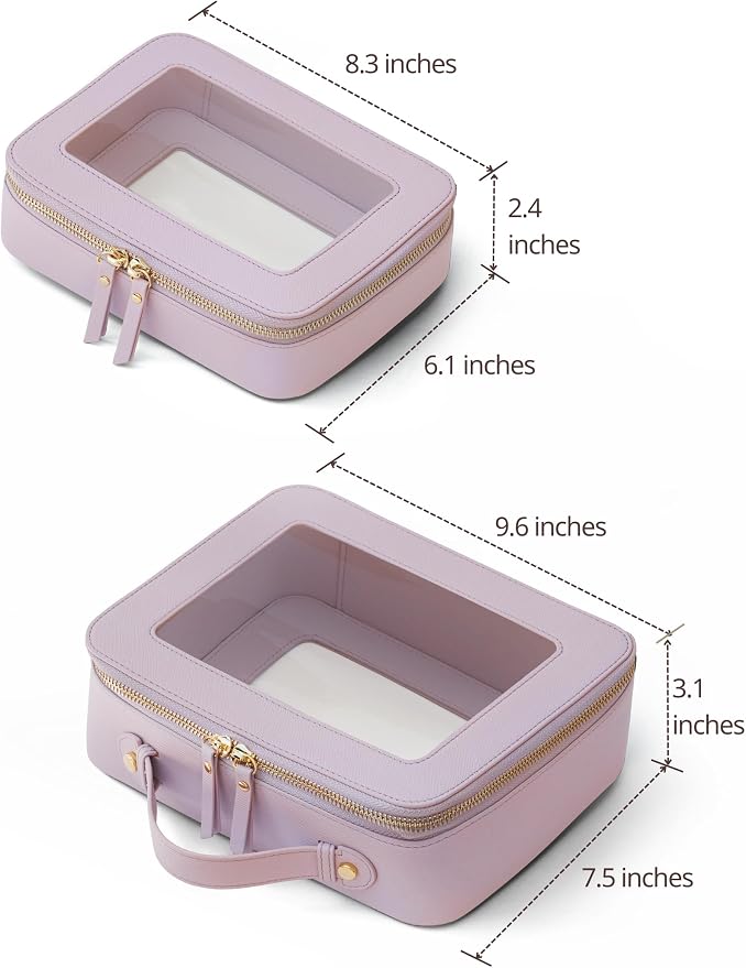 Clear Toiletry Bag 2 Pack, Travel Makeup Bag Medium & Large Purple | Structured Clear Cosmetic Case with Zipper, Car Essential Organizer Bag for Women, Waterproof PU Leather, Wide Open Portable - Image 2