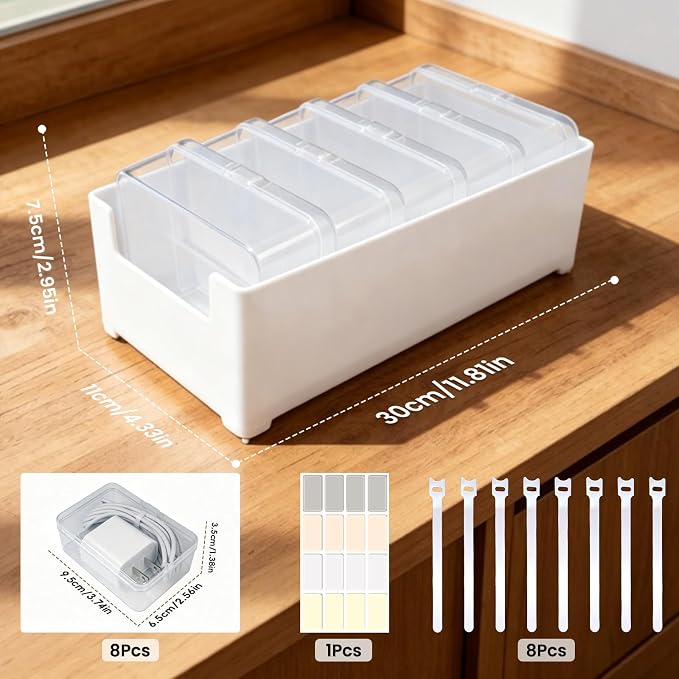 5 Individual Cable Organizer Boxes With Base, Cord Storage Organizer With Labels And Cable Straps For Charging Cables, Adapters, Earphones (5 pcs Individual Cable, 1 Pack) - Image 2