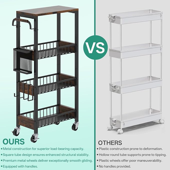 DTUQYX Slim Bathroom Storage Cart, 4 Tier Small Rolling Organizer Cabinet with Wood Top Handle, Mobile Shelving Unit Slide Out for Office, Kitchen, Laundry Room & Narrow Places (9.1" W Wood Basket) - Image 5
