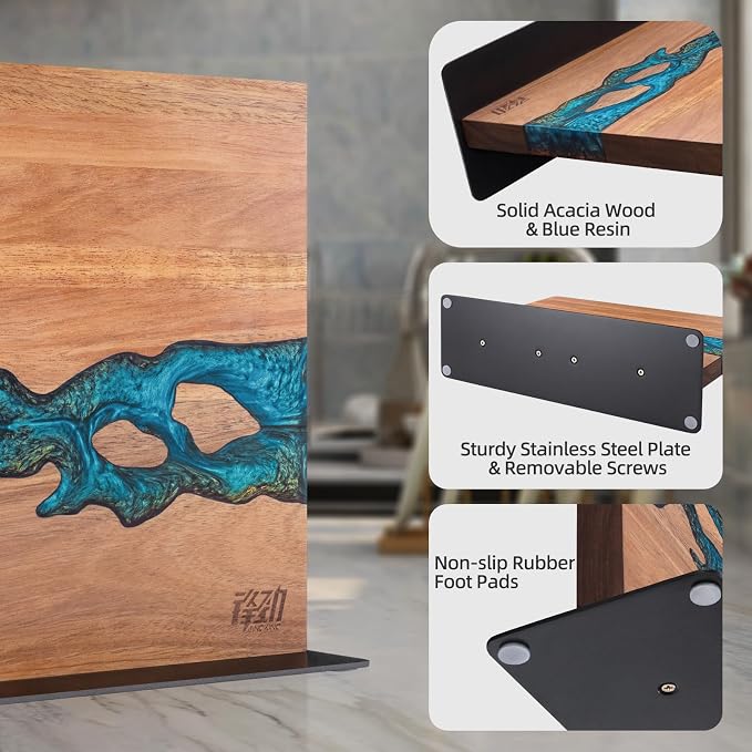 Magnetic Knife Block, Double Sided Holder, Powerful Magnet Kitchen Storage, Acacia Wood and Blue Resin (12 x 10 Inches, Without Knives) - Image 6