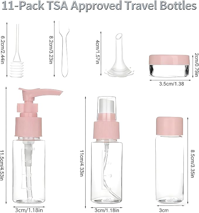 11-Pack Pink Travel Bottles Kit, TSA Approved Leak Proof Portable Toiletry Containers Set, Clear PET Flight Size Cosmetic Containers for Lotion, Shampoo, Cream, Soap - Image 8