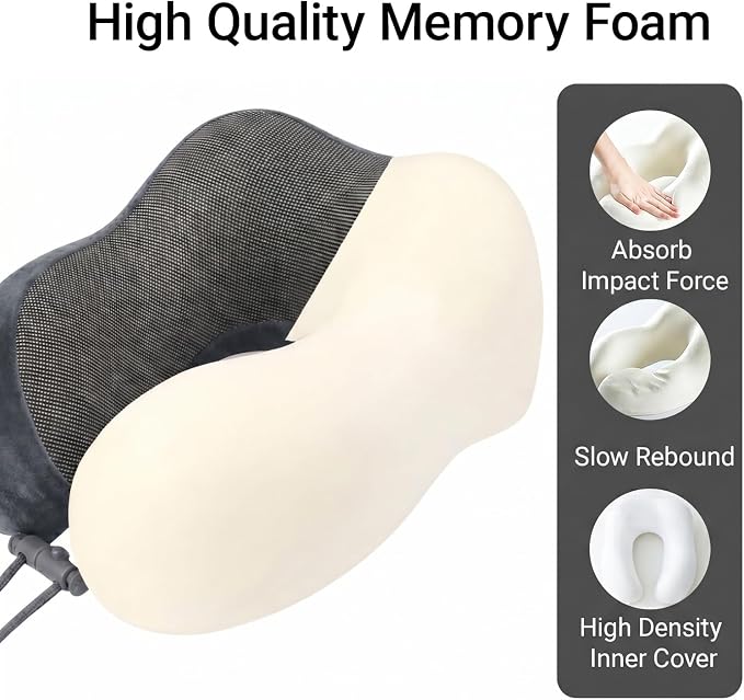 Travel Neck Pillow, 100% Memory Foam, U-Shaped with Storage Box, Dark Gray | 100% memory foam with 360-degree support & adjustable buckle. Compact storage box. Machine washable cover. Fits all necks. - Image 3