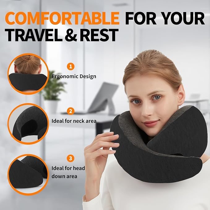 Travel Neck Pillow Airplane, Memory Foam Travel Pillows for Comfort on Sleeper Hold Compact and Ergonomic Design for Traveling Car Rides Home Road Trip Essentials for Adults and Kids (Black) - Image 3