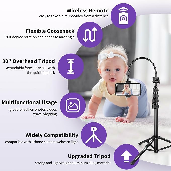 80" Phone Tripod, Selfie Stick, Aluminum Cellphone Tripod Stand | for Video Photo Vlog, Travel Tripods with Gooseneck Remote Phone Holder, Compatible with iPhone Android Smartphone - Image 5