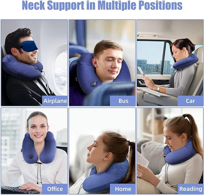 Inflatable Travel Neck Pillow for Airplanes, Super Soft Velvet Neck Support, Adjustable Firmness, Blow Up Plane Pillow for Long Flights, Road Trips, Travel Essentials with Eye Mask, Earplug - Image 6
