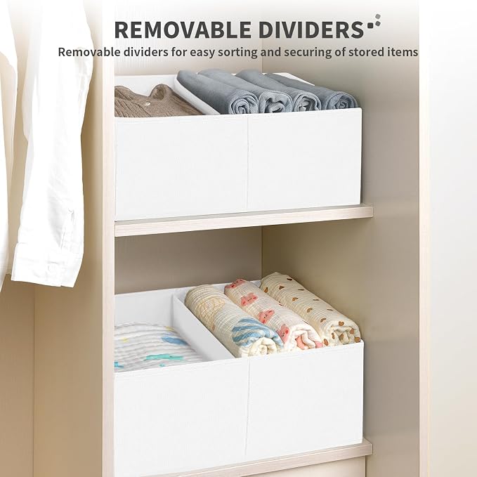 DIMJ Large Closet Shelf Organizer Bins 6 Packs with Handles and Divider, Fabric Trapezoid Storage Baskets, Foldable Clothes Containers Box for Shelf, Towel, Book, Toy, Purse, Hats, ,White - Image 3
