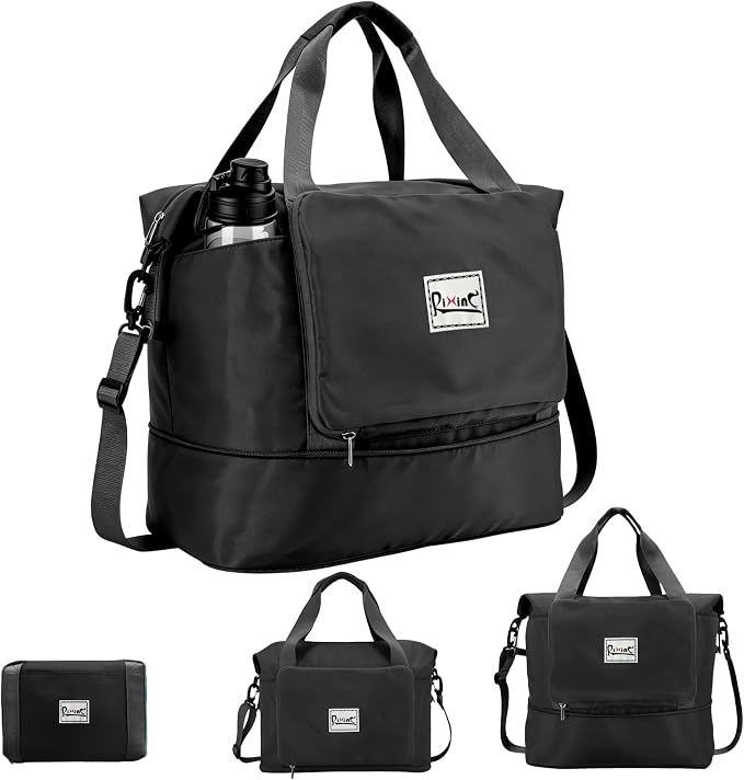 Foldable Travel Duffel Bag for Women, Black | 40L Expandable Water-Resistant Carry on Bag, Personal Item Travel Bag Flight Approved with Wet Pocket for Gym Travel, Nylon by RIXINC