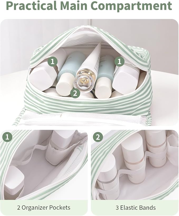 Narwey Small Hanging Toiletry Bag for Travel Women Girl, Striped Toiletries Travel Bag with Hook, Hanging Makeup Bag Organizer Make Up Cosmetic Bags, Gifts for Kids Teen (Mint Green Stripe) - Image 4