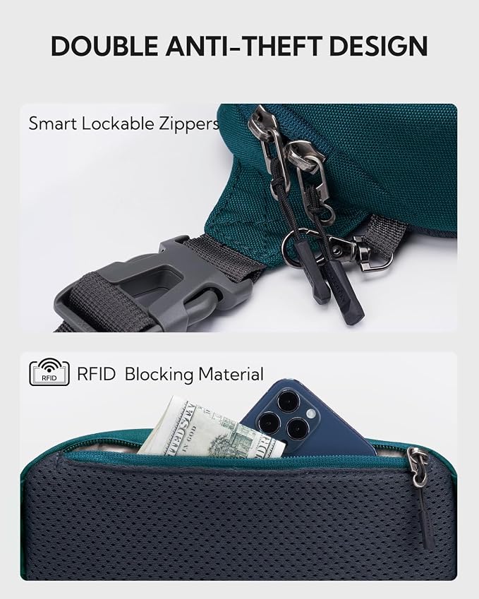 WATERFLY Small Fanny Pack RFID Blocking Travel Hiking Crossbody Waist Bag | Anti-theft design, Water resistant, Lockable zipper, Hidden rear pocket, Lightweight hip belt bag, EDC Running, Cycling, Gym - Image 4