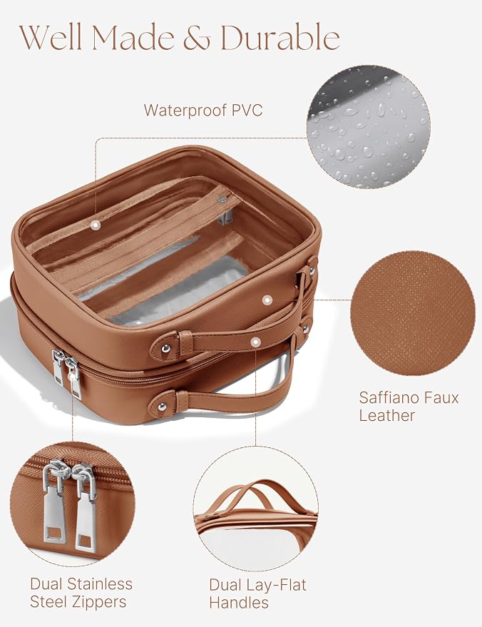 Clear Cosmetic Bag Double Layer Travel Toiletry Bag Clear Makeup Bag Case with 4 Compartments, Transparent Travel Bag for Toiletries, Large Toiletry Bag for Women Cosmetic Case (Brown, Large) - Image 6