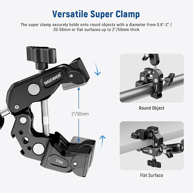NEEWER Super Clamp with 3" Dual Ballhead Magic Arm Camera Phone Mount, ST88 | With 1/4" and 3/8" Threads, Cold Shoe, Phone Holder, Action Camera Adapter, Compatible with GoPro DJI iPhone 16 15 Pro Max - Image 3