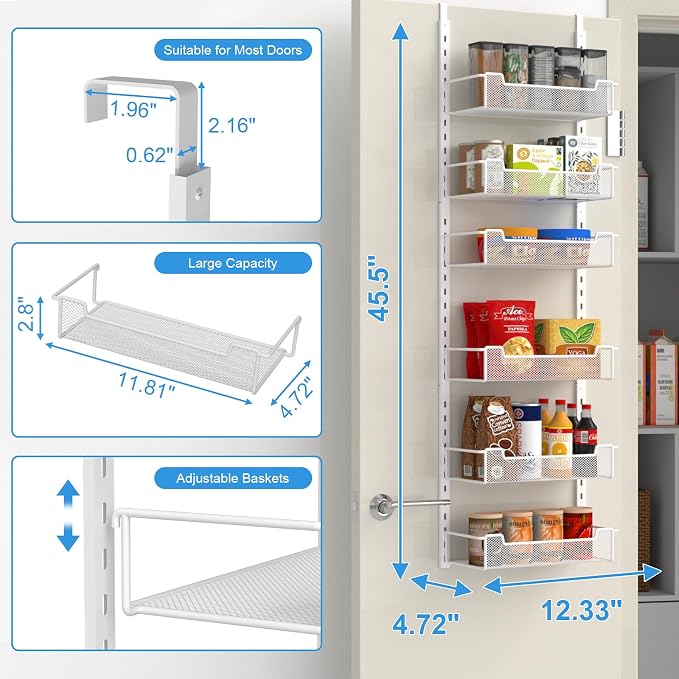 VyGrow 12.3" W Narrow Over the Door Pantry Organizer, 6-Tier Over the Door Organizer with Adjustable Basket, Pantry Door Organization for Pantry Kitchen Storage Room Spice Rack, White - Image 3