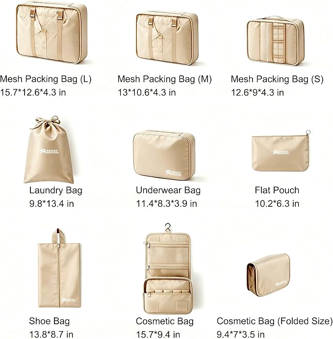 8 Set Packing Cubes for Travel Essentials With Hanging Toiletry Bag for Women, Lightweight Suitcase Organizer Bags with Mackup bag, Carry-On Luggage Accessories (Beige) - Image 2