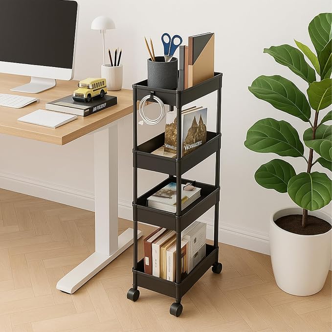 ShellKingdom 4 Tier Bathroom Storage Organizer, Slim Rolling Storage Cart for Narrow Space, Mobile Shelving Unit with Lockable Wheels and Hooks for Bathroom, Kitchen, Laundry Movable Shelf (Black) - Image 8