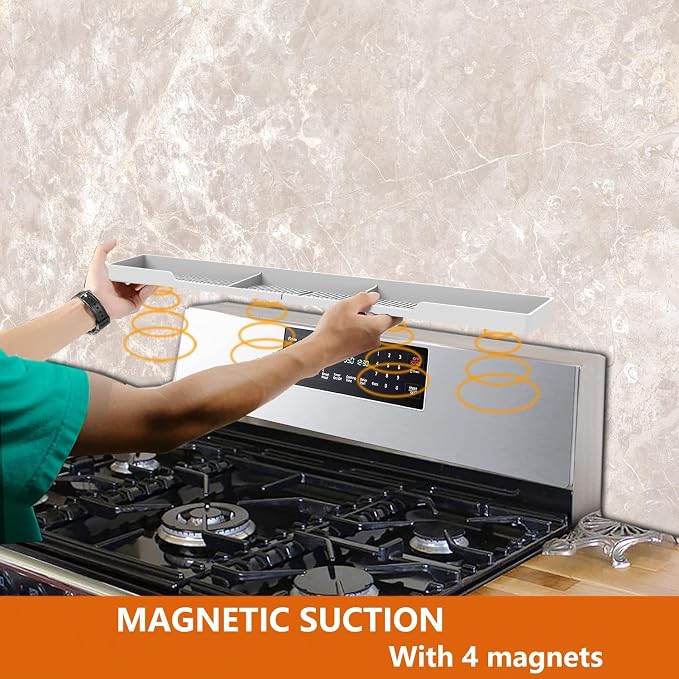AWOKE Stove Top Shelf 30 Inch - Silicone Material Magnetic Shelf for The Stove - 3 Functional Partitions Kitchen Spice Rack Organizer - White - Image 8