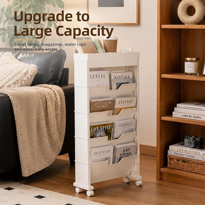 5-Tier Rolling Bookshelf, Rolling Book carts with wheels,Book Storage Rack | Utility Carts, Movable File Folder Organizer Cart for Home,Study,Office,Living Room,Classroom - Image 7