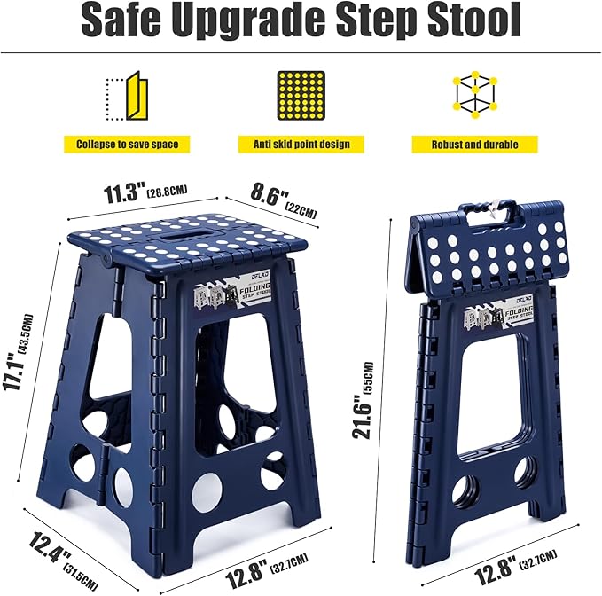 Delxo 17.5 Inch Folding Step Stool,Foldable Step Stool for Adults Blue | Step Stool with Safety Lock,Portable Collapsible Step Stool,Non-slip Folding Stools for Kitchen Bathroom Bedroom Garden 1PC - Image 4