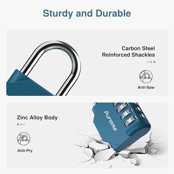Puroma 1 Combination Lock Locker 4 Digits Combo Padlock Gym Peacock Blue | For School Gate Fence Toolbox Hasp Storage, Outdoor, Resettable, Weatherproof, Side Window, Crack Cut Resist, Hardened Steel - Image 4