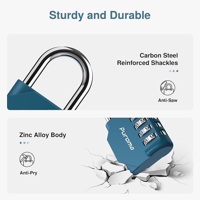 Puroma 2 Combination Lock Locker 4 Digits Combo Padlock Gym Peacock Blue | For School Gate Fence Toolbox Hasp Storage, Outdoor, Resettable, Weatherproof, Side Window, Crack Cut Resist, Hardened Steel - Image 4