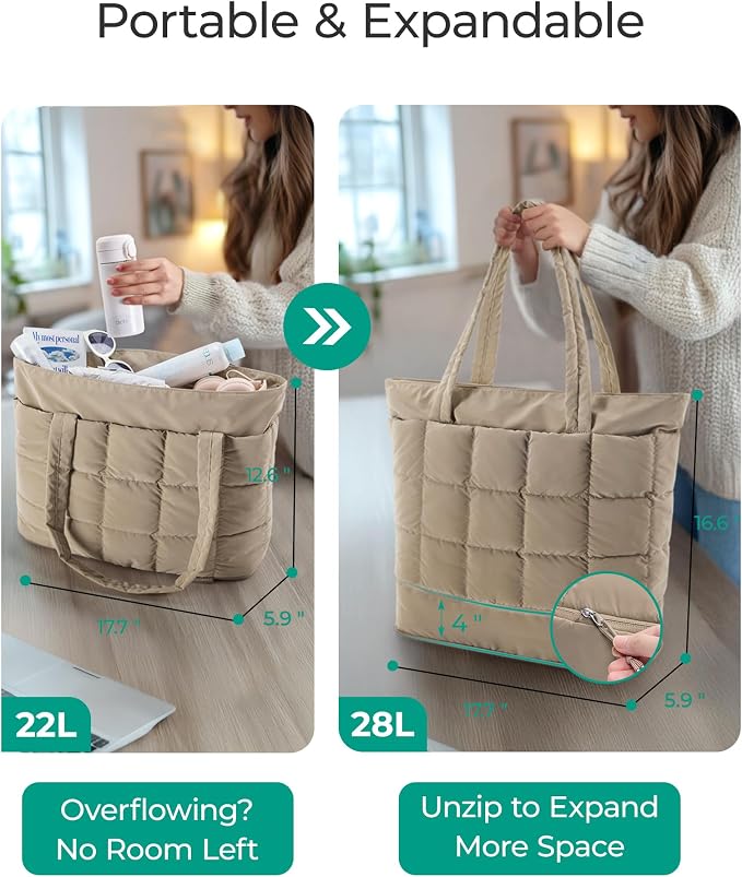 BAGSMART Expandable Tote Bag for Women, Puffer Work Tote Travel Bag | Quilted Carry On Bag for Travel Work Gym College, Waterproof Travel essentials - Image 8