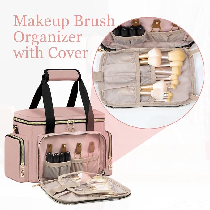 GDNasist Large Makeup Bag, Portable Travel Makeup Bag Organizer | Cosmetic Travel Bag for Women Girls with Removable Shoulder Strap & Detachable Dividers, Toiletry Bag for Makeup Pink - Image 2