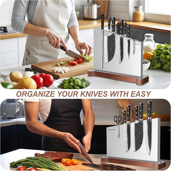 Magnetic Knife Block Without Knives Large Double Side Magnetic Knife Holder Stand with Strong Magnet, Stainless Steel Knife Storage Organizer for Kitchen Counter Knife Rack Three Magnet Strip - Image 5