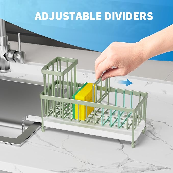 Cisily Sponge Holder for Kitchen Sink, Sink Caddy Organizer with High Brush Holder, Kitchen Countertop Organizers and Storage Essentials, Rustproof 304 Stainless Steel (Sage Green, 9.25″) - Image 4