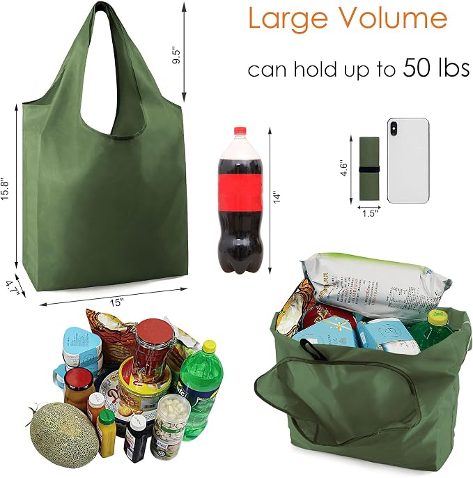 BeeGreen Dark Green Reusable Grocery Bags Bulk 10 Packs, Kitchen Reusable Shopping Bags 50LBS Large, Machine Washable Durable, Easily Foldable with a Storage Bag - Image 3