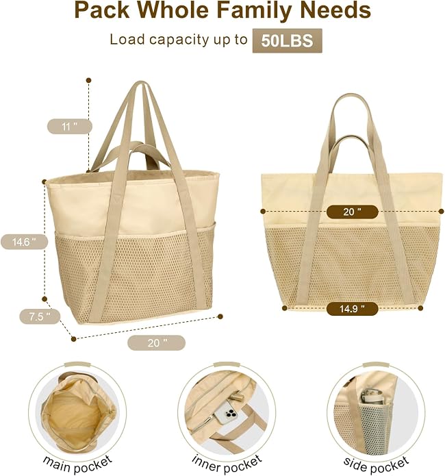 F-color Waterproof Beach Bags for Women - Machine Washable Travel Tote Bag with Zipper Cruise Swim Vacation Essentials - Image 3