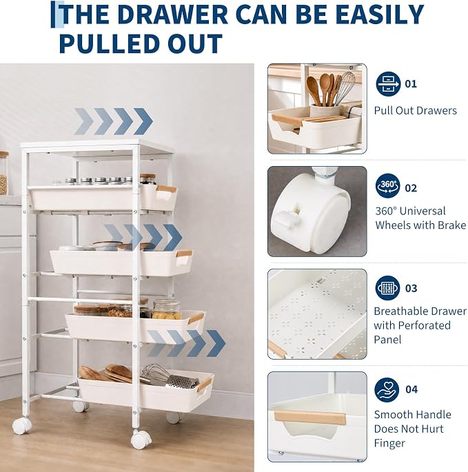 Garvee 5-Tier Slim Rolling Storage Cart, 9.5" Wooden Top Narrow Kitchen Carts on Wheels with Pull-Out Baskets, Mobile Shelving Unit Organizer for Kitchen, Bathroom, Laundry Room, Small Spaces - Image 4