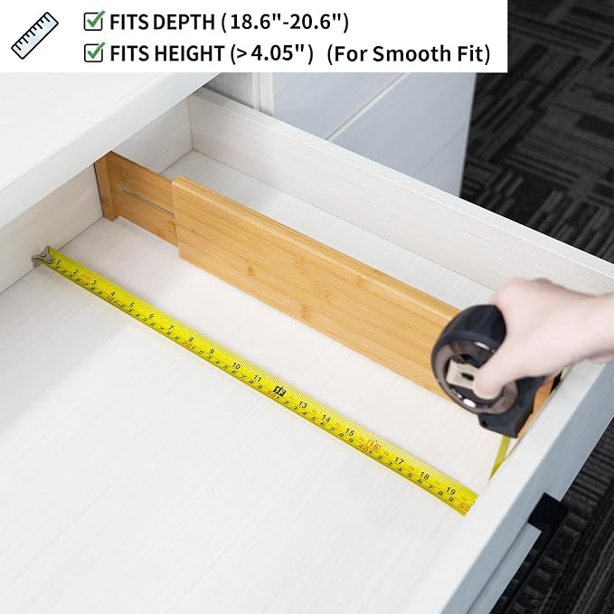 Utoplike Bamboo Drawer Dividers Large, 4" High Kitchen Drawers Organizer | Adjustable, Spring Loaded, Works in Bathroom, Bedroom, Dresser, Office, 4pcs for Clothing, Fit for 18.6"-20.6" Inner Drawer - Image 6