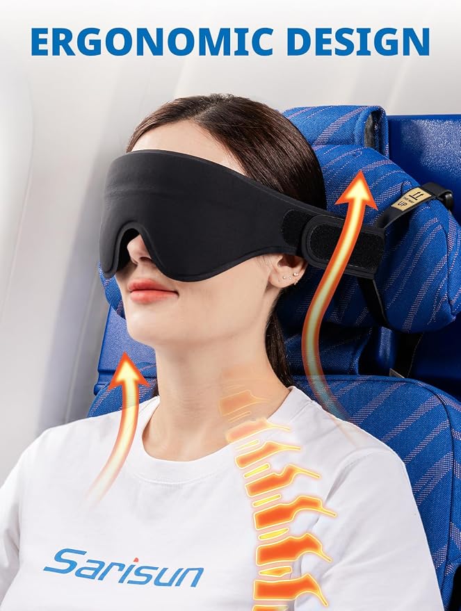 SARISUN Airplane Head Strap - 3D Eye Mask for 360° Stable Support, Compact | Travel Pillow Alternative for Long Flight, Attach to Seat Headrest, Stops Bobblehead, Soft and Portable, Sleep Support, Black - Image 4