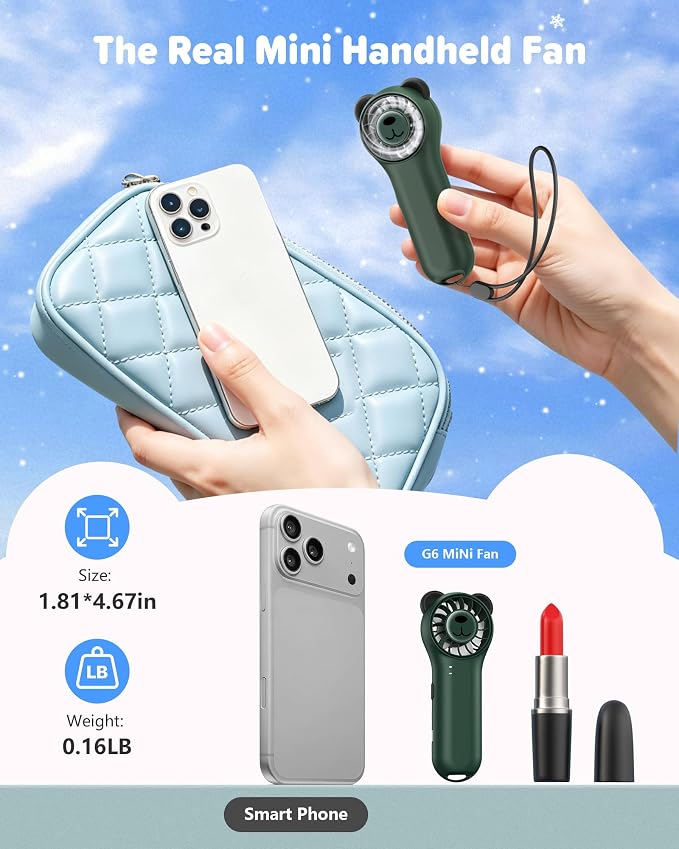 Portable Handheld Fan, Cute Bear Mini Fan with 11000 RPM High Speed, Rechargeable Personal Fan with 4 Speeds, Pocket Small Fan for Travel, Makeup, Lash, Gifts for Women Girl - Olive Green - Image 6