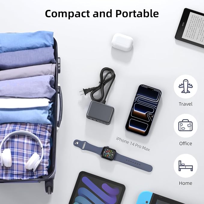 100W 6 in 1 USB Charger, 50% Smaller Charging Station for Multiple Devices | Fast Charging Blocks with Type C Port, USB Charging Hub Organizer Multiport Power Strip for iPhone,Samsung,Ipad,Kindle,Travel - Image 5