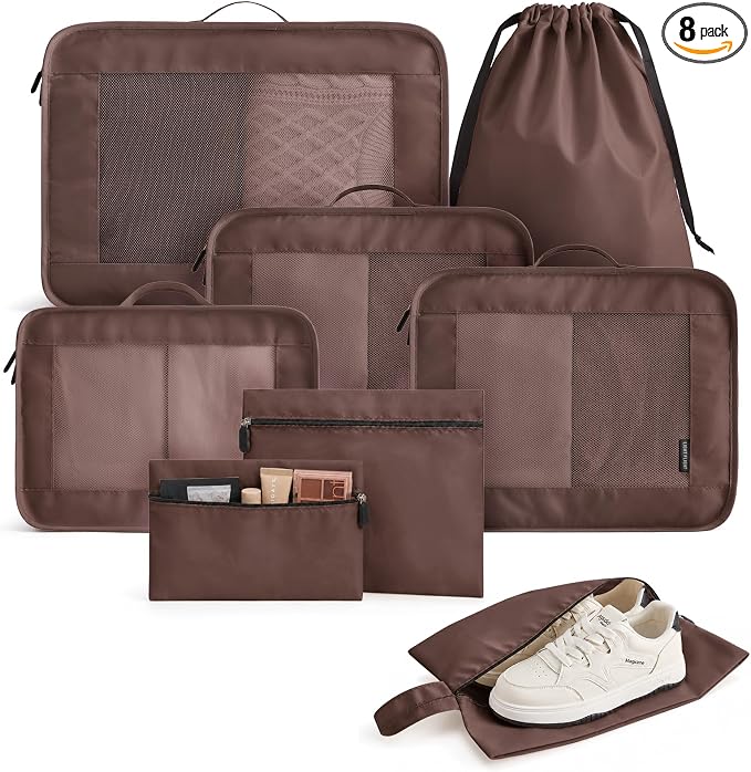 8 Set Packing Cubes for Travel, Cruise Ship Travel Essentials | 8-Pack Packing Bags, Mesh Luggage Organizer Bags & Laundry Shoe Bags for Max Clothing Capacity, Holiday Vacation Camping by LIGHTFLIGHT