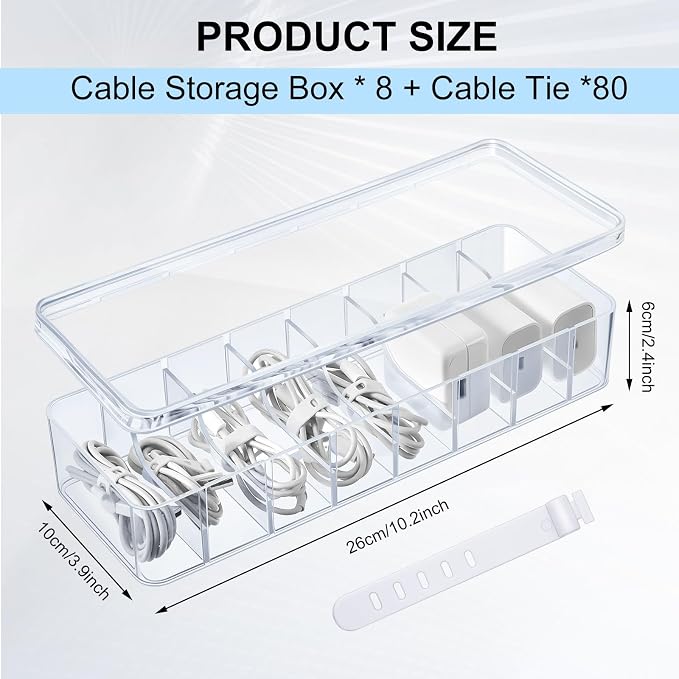 Tatuo 8 Pcs Cord Organizer for Drawer Desktop, Cable Organizer Box with 8 Compartments and Wire Ties, Plastic Charger Storage with Lid, Electronics Case for Home Office Accessories (Small,Clear) - Image 2
