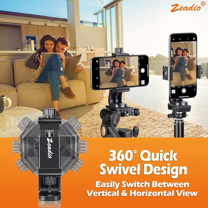 Zeadio Tripod Smartphone Mount, Cell Phone Holder Adapter, Selfie Stick Monopod Adjustable Clamp, Vertical and Horizontal Swivel Bracket, Fits for iPhone, Samsung, Huawei and All Phones - Image 4