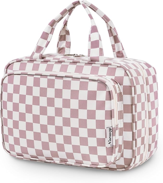 Narwey Travel Toiletry Bag for Women Large Hanging Makeup Bag Organizer Toiletries Bag for Full Size Essentials Accessories Cosmetics (Dusty Pink Checkerboard (Large)) by Narwey