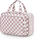 Narwey Travel Toiletry Bag for Women Large Hanging Makeup Bag Organizer Toiletries Bag for Full Size Essentials Accessories Cosmetics (Dusty Pink Checkerboard (Large)) by Narwey