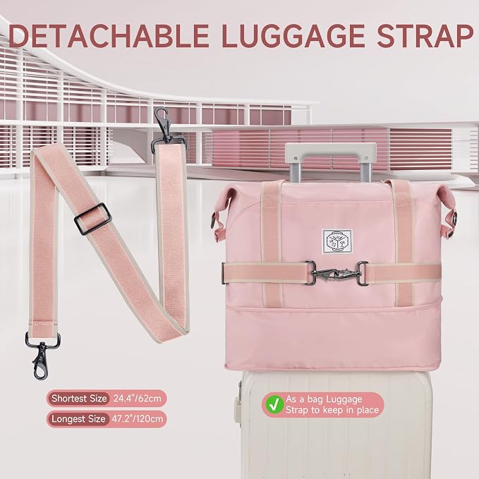 WALNEW Travel Duffel Bag, Weekender Overnight Bag for Women, Pink | Carry On Bag, Foldable Waterproof Gym Luggage with Metal Buckle Detachable Shoulder Strap and Wet Compartment - Image 7