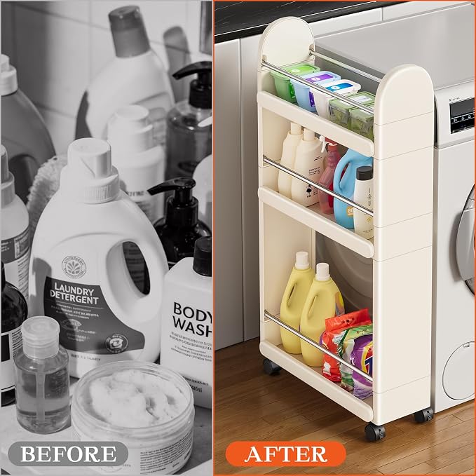 MiaLi 3 Tier Slim Storage Cart with Wheels, 1 PCS White Utility Slim Cart with Plastic, Adjustable Size for Laundry Kitchen Bathroom Narrow Places, Easy to Clean, Space Saving (White) - Image 5