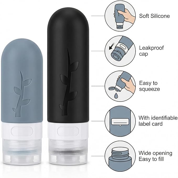 DEPOZA Travel Bottles Kit (16 Pack) - TSA Approved, Leak Proof Silicone Squeezable Containers for Toiletries. Complete Set with Jars, Sprayers & Bag (Black) - Image 6