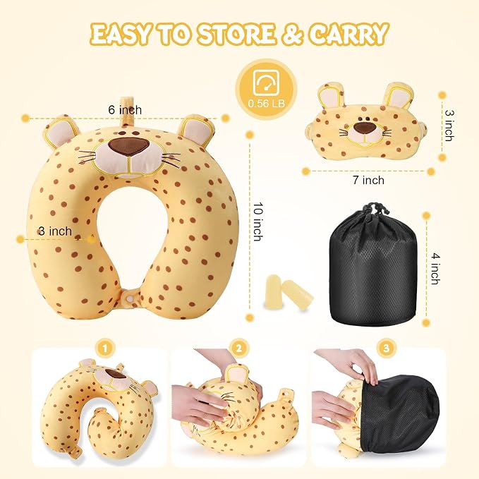 Cirorld Travel Pillow for Kids Adult Cute Neck Pillow for Traveling Memory Foam Airplane Pillow Sleep Mask Animal Flight Pillow Head Rest Neck Support for Cars Long Flights (Yellow Leopard, 9-12 Y/O) - Image 8