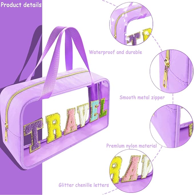 Bunliuys Chenille Letter Clear Makeup Bag Travel Patch, Travel Toiletry Makeup Bag with Handle, Nylon Waterproof Makeup Bags clear cosmetic bag, preppy patch makeup bag for Women (TRAVEL-Violet) - Image 3