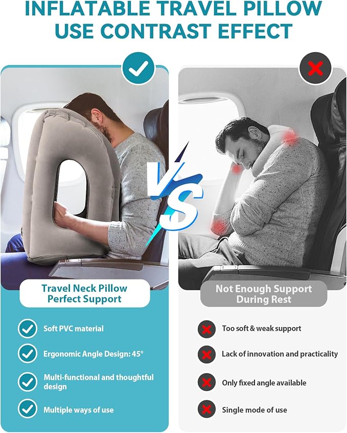 Inflatable Travel Pillow, Airplane Neck Pillow Comfortably Supports Head and Chin for Airplanes, Trains, Cars Office Napping on The Tray Table (Grey) - Image 5