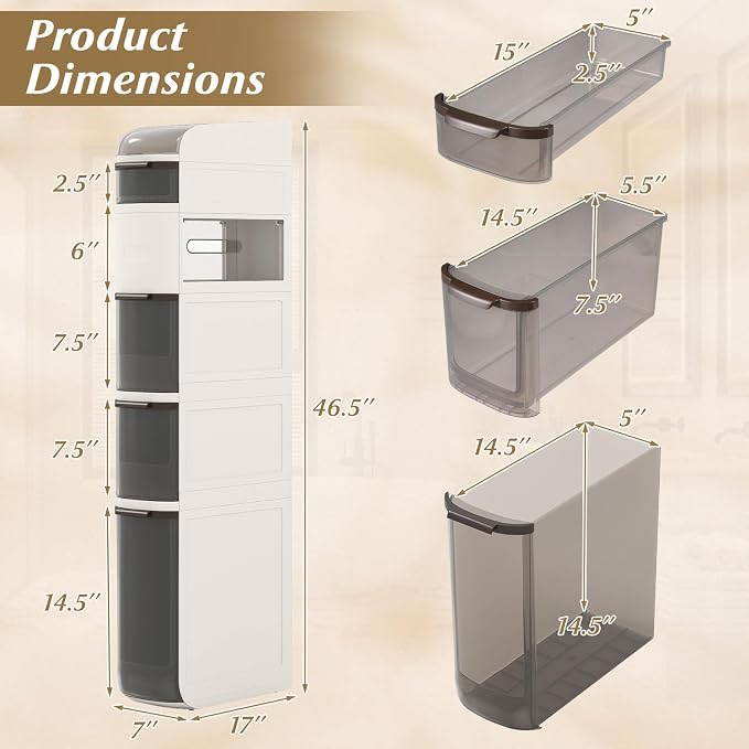 Giantex 6-Tier Narrow Bathroom Storage Cabinet (17" x 7" x 46.5") | Slim Rolling Toilet Paper Organizer w/ Drawers, Tissue Box, Movable Plastic Cart for Laundry, Living Room, Kitchen - Image 3