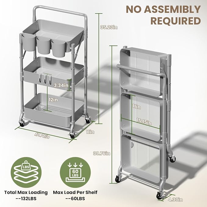 Foldable 3 Tier Rolling Cart, Metal Utility Cart with Wheels | Collapsible Rolling Storage Cart with 3 Hanging Cups, Folding Storage Trolley Organizer Cart for Home Office Kitchen(Grey) - Image 2