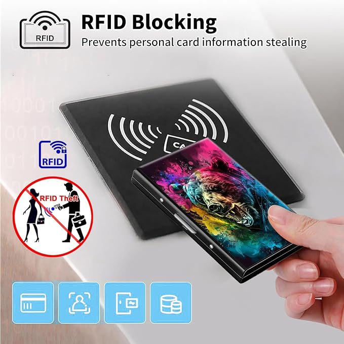 Metal Wallet,Credit Card Holder for Women Men,RFID Blocking Card Holder Wallet Mini Slim Aluminum Wallet ID Case Hard Card Case Business Card Holder Case,Colorful Bear - Image 3